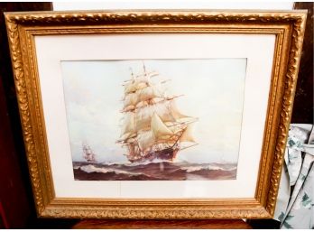 Nautical Gold Tone Framed Sailing Ships In Rough Waters - - L23.5' X H19'