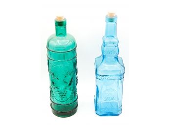 Two Green/blue Glass Bottles Blown From Recycled Glass - Spain