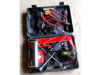 Auto Emergency Tool Set - Tire Iron - Air Pump - Reflectors - First Aid Kit - Jumper Cables