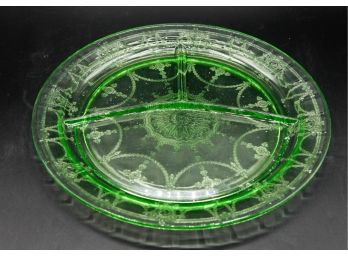 Depression Glass Divided Serving Plate - Green Florentine Poppy #2