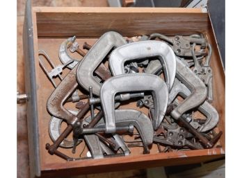 Drawer Full Of Assorted Antique Clamps
