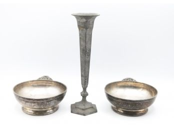 Leonard Hand Cast Pewter Candlestick Holder & - A Pair Of Grand Silver Co. Small Bowls