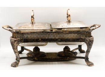 Silver Plated Double Server - Comes With Ornate Stand, 2 Pyrex Inserts And 2 Lids - F.B. Rogers Silver Company