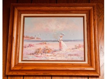 French Impressionist Marie Charlot Victorian Woman At Beach - Oil On Canvas - L23' X H19'