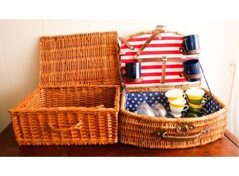 Pair Of Beautiful Baskets - 1 Filled W/ Picnic Supplies -
