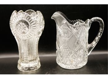 Pair Of Vintage Cut Glass Pitcher & Vase
