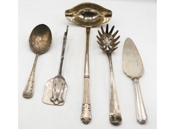 Lot Of 5 Assorted Pieces Of Silver Plated Utensils - Cake Server - Spaghetti Spoon - Ladle - Tong - Spoon