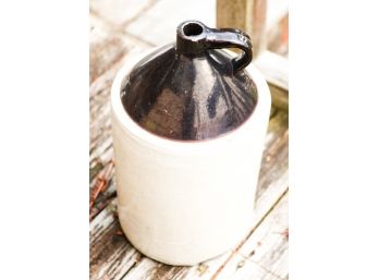 Antique Primitive Crock Stoneware Salt Glazed Handled Whiskey Or Moonshine Jug - Bottom Broken - Decorative