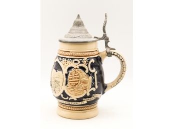 Vintage Hand Painted Ceramic Beer Stein W/ Pewter Lid -  8'