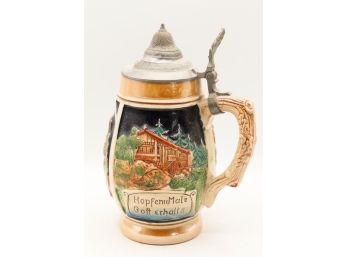 Vintage Hand Painted Ceramic Beer Stein W/ Pewter Lid - Western Germany - 8'