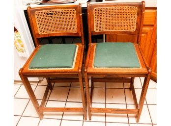 A Pair Of Vintage Wooden Stool Chairs W/ Cain Back - L28' X H36.5' X D17'