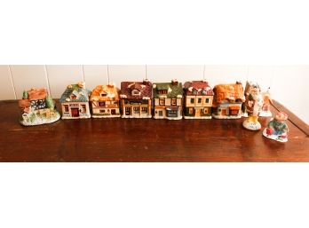 Lot Of 7 Vintage Christmas Town Houses - W/ 2 Christmas Figurines - Bin Included
