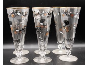 Lot Of 6 Antique Pilsner Glasses - Car Theme - Gold And Black - 8' Tall