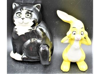 Vintage Pair Of Ceramic Figurines - Black Cat & Peter Rabbit