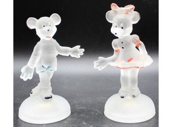 Rare Vintage Pair Of Mickey And Minnie Hand Painted Frosted Glass Figurines