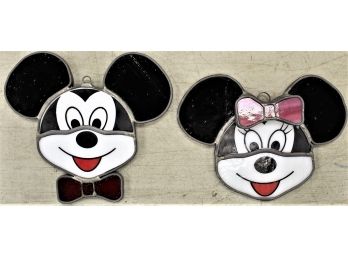 Mickey & Minnie Mouse Stained Glass Art Panel Vintage Window Hanging Ornaments