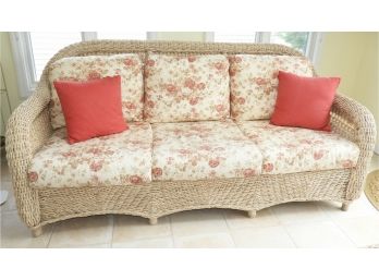 Wicker Floral Fabric Sofa With Cushions And 2 Red Throw Pillows
