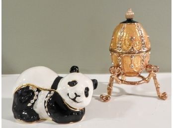 Pair Of Enamel Metal Trinket Boxes - Lovely Lying Prone Panda & Imperial Egg