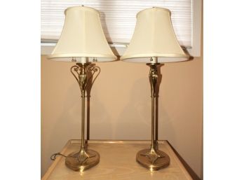 Set Of 2 Brass 2-bulb Lamps With Shades