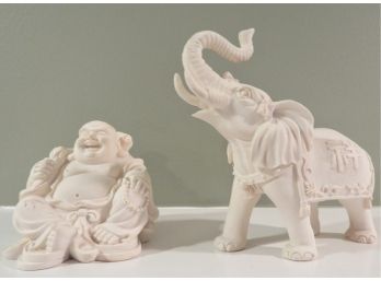 Ceramic Elephant & Laughing Buddha Figurines