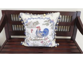 Mahogany Bench With Needlepoint Rooster Throw Pillow