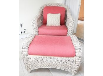 Red Fabric Wicker Arm Chair With Ottoman &  Ivory Knit Throw Pillow