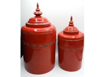 Home Goods Set Of 2 Red Metal Canisters
