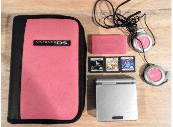Nintendo Game Boy Advance SP Silver Model No. AGS-001 With 3 Games & Pink Carry Case