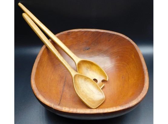 Wooden Salad Mixing Bowl With Wooden Utensils