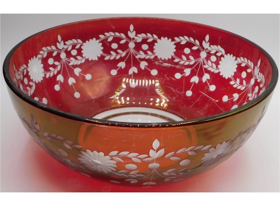 Old Bohemian Red Cut To Frosted Floral Design Glass Bowl