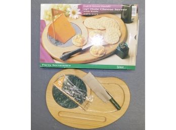 Oak And Green Marble 19th Hole Cheese Server With Knife In Box