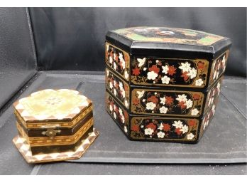 Vintage Oriental Stacked Wood Sewing Box With Trinket Box