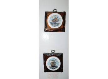 Vintage Pair Of Ship Coaster Wood Frame Wall Decor