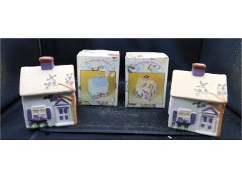 Vintage Pair Of Hermitage Pottery Hand-painted Houses With Box