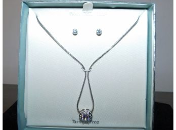Lovely Platinum Tone Cubic Zirconia Necklace With Earring Set In Box