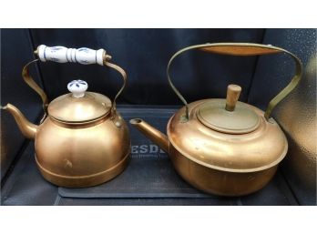 Vintage Pair Of Copper Teapots With Wood And Porcelain Handles