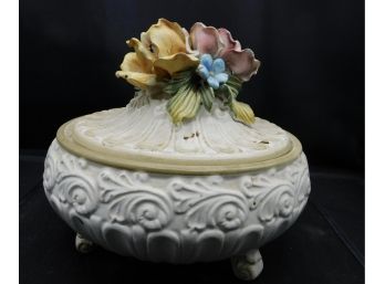 Vintage Capodimonte Footed Floral Bowl With Lid