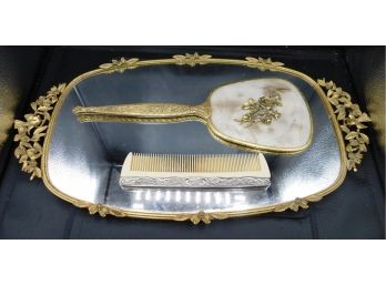 Lovely Vintage Gold Floral Vanity Mirror With Handheld Mirrow And Godinger Silver Plated Comb