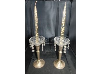 Sterling Weighted Silver Plated Candle Stick Holders With Gold Leaf Candles