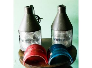 A Pair Of Industrial Lighting Fixtures - Hanging Lanterns -  Red & Blue Extra Glass Inserts - 8'round X H16.5'
