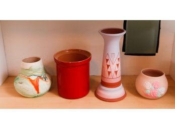 Lot Of 4 Vases - 3 Pottery Vases - 1 Red Ceramic Vase