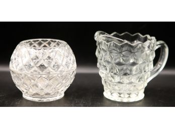Lot Of 2 Cut Glass Pieces - Candle Holder & Creamer
