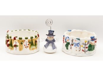 Lot Of Christmas Decor - Ceramic Candy Dishes Plus Snowman Card Holder