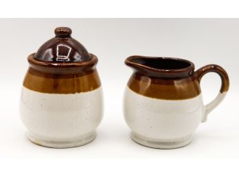 Crock Pottery Stoneware - Beautiful Cream And Sugar Bowl W/ Lid