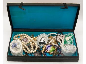 Lot Of Assorted Costume Jewelry Inside Vintage Jewelry Box - 2 Ceramic Trinket Boxes Included