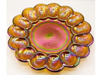 Vintage 1970s Iridescent Fold Carnival Glass 11' Egg Relish Dish Produced By Indiana Glass