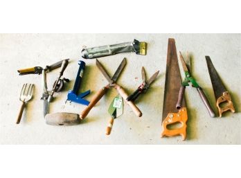 Lot Of Assorted Tools - Saw, 4 Shears, Folding Lug Wrench, Cork Gun