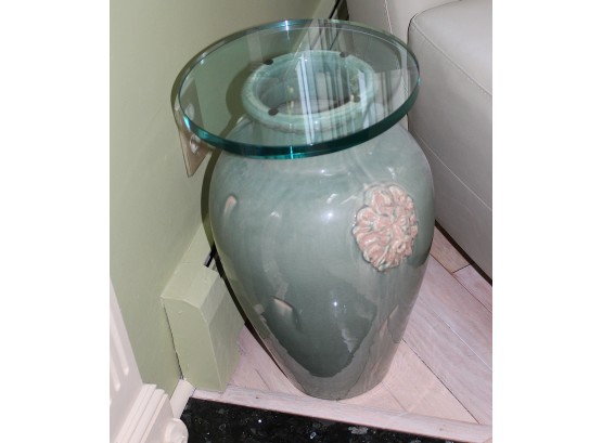 Decorative Large Vintage Green Celadon Porcelain Vase With Glass Top