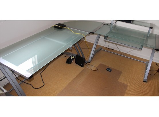 Wrap Around Glass Top Desk With Metal Frame