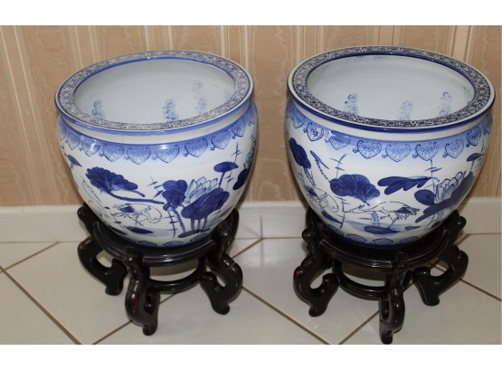 Pair Of Asian Ceramic Pots With Wooden Stand